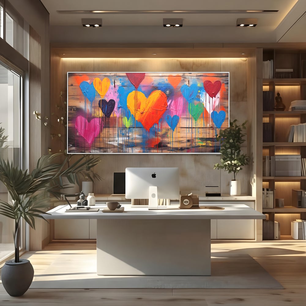 Tablou canvas cu tablou cu inimi colorate pe scanduri, in rama de aluminiu argintiu, pe perete intr-un birou